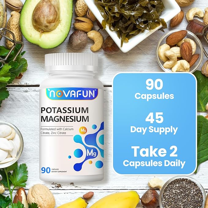 Potassium Magnesium Supplement with Calcium Zinc 1185mg, High Potency Formula for Leg Cramps, Bone & Muscle Health, Non-GMO, Gluten Free, Vegan, 90 Capsules