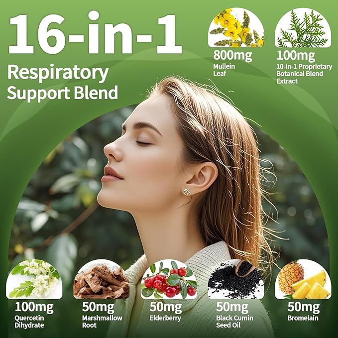 (2 Pack) Mullein Drops for Lungs, 16-in-1 Mullein Leaf Extract 800MG for Lung Cleanse, Respiratory, Immunity, with Quercetin, Marshmallow, Black Cumin Seed, Elderberry, Non-GMO, 2 Fl Oz