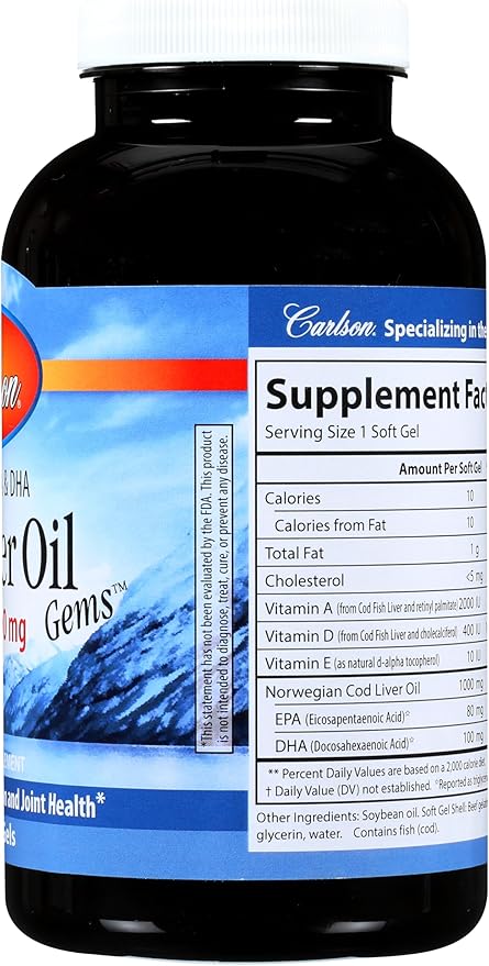 Carlson - Cod Liver Oil Gems, Super 1000 mg, 250 mg Omega-3s, 400 IU (10 mcg) Vitamin D3, Wild Caught Norwegian Arctic Cod Liver Oil, Nordic Fish Oil Capsules, 250 Softgels
