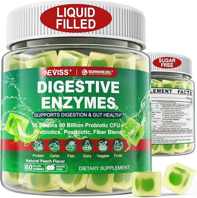 Neviss Digestive Enzymes Gummies Plus 90 Billion CFU Probiotics & Prebiotics & Postbiotic and Fiber for Women and Men, Daily Multi-Enzymes for Digestive Health, Regularity Gut, Immune,Sugar Free 60Cts