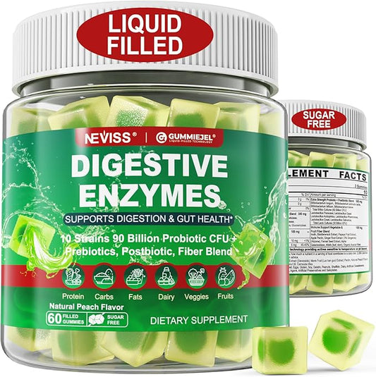 Neviss Digestive Enzymes Gummies Plus 90 Billion CFU Probiotics & Prebiotics & Postbiotic and Fiber for Women and Men, Daily Multi-Enzymes for Digestive Health, Regularity Gut, Immune,Sugar Free 60Cts