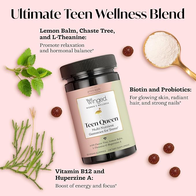 Winged Wellness Multivitamin Gummies for Teen Girls - Teen Vitamins for Mood & Hormonal Health - Vegan Gummy Supplement with Chaste Tree, Lemon Balm, L-Theanine, Probiotics & Biotin - 50 Gummies