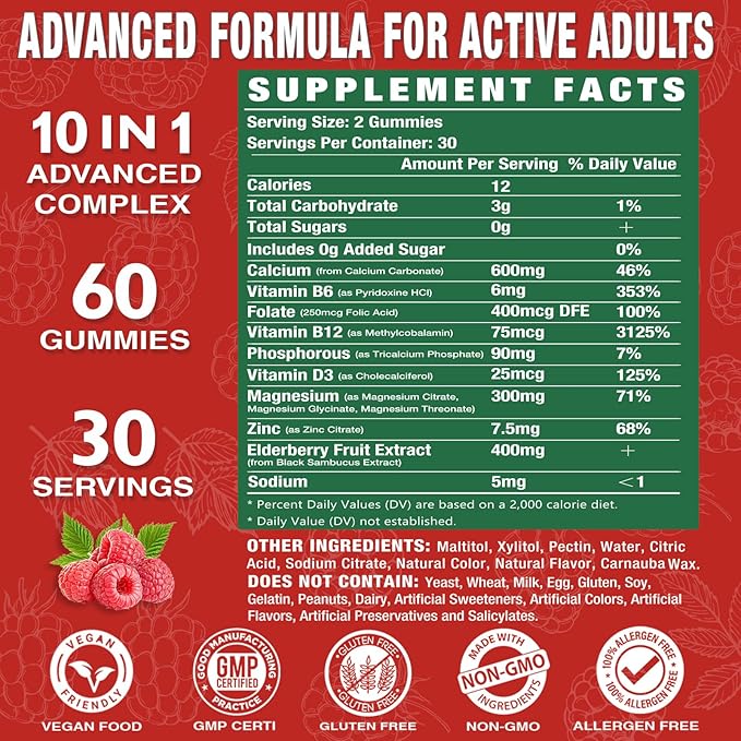 | High Absorption Calcium Magnesium Zinc Gummies, Sugar Free Calcium Magnesium Zinc Supplement with D3 | Bone & Teeth Strength | Muscle & Nerve Function | Vegan | Raspberry Flavor | 1 Pack