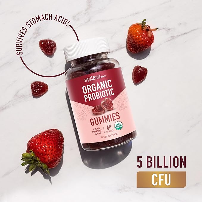 Organic Probiotics Gummies | 5 Billion CFU Probiotics for Digestive Health & Immune Support | Hardy Bacillus Subtilis | Strawberry Gummies | Shelf Stable, Gluten-Free, Vegan | 60 Ct. (1 Month Supply)