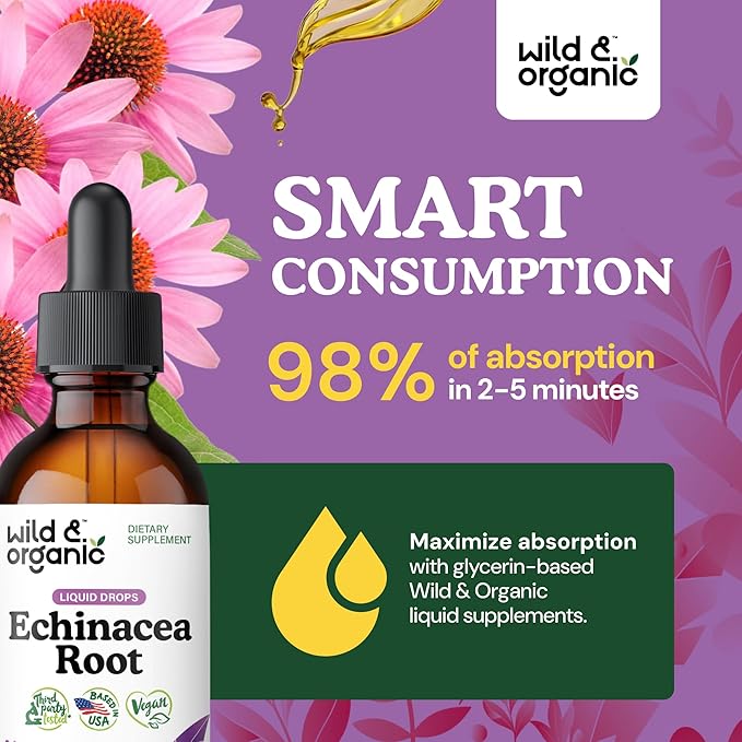 Wild & Organic Echinacea Tincture - Immune Support Drops with Liquid Echinacea Root Extract - Angustifolia Supplements - Vegan, Sugar & Alcohol-Free - 2 fl oz