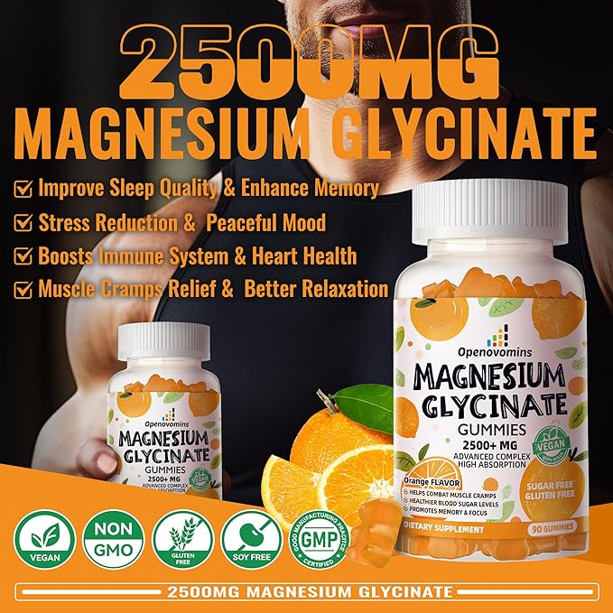 Magnesium Glycinate Gummies- Sugar Free Magnesium Potassium Supplement with Vitamin D, B6, CoQ10 for Calm Mood & Sleep Support - 90 Orange Gummies