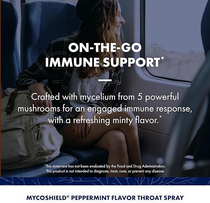 Host Defense MycoShield Throat Spray - Immune Health Support - Dietary Mushroom Supplement with Chaga, Reishi, Turkey Tail & More - On-The-Go Immune Support - Peppermint, 1 fl oz (71 Servings)*
