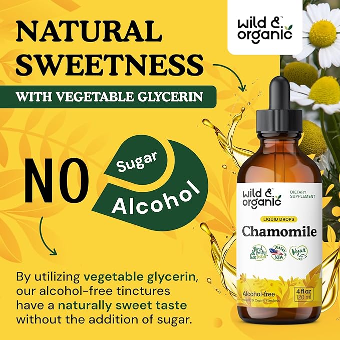 Wild & Organic Chamomile Flowers Tincture - Calming Supplement for Relaxation - Chamomile Extract Liquid Drops - Vegan, Sugar & Alcohol-Free - 4 fl oz