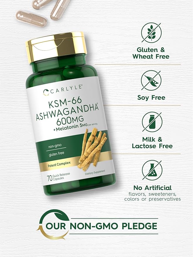 Carlyle KSM-66 Ashwagandha Capsules 600mg | 70 Count | with Melatonin 5mg | Potent Complex | Non-GMO, Gluten Free