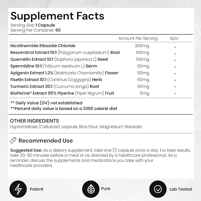 Timeless NAD+ Supplement – Nicotinamide Riboside, Quercetin, Resveratrol & Spermidine – Anti-Aging & Longevity Supplement for DNA Repair, Cellular Health - BioPerine® for Max Asorption (60 Capsules)