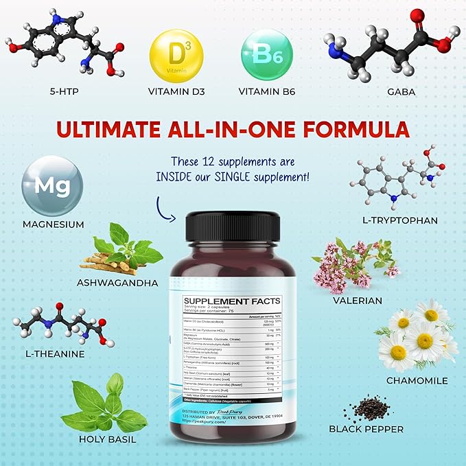 GABA, 5-HTP L-Tryptophan Ashwagandha Chamomile L-Theanine Magnesium - Made in USA