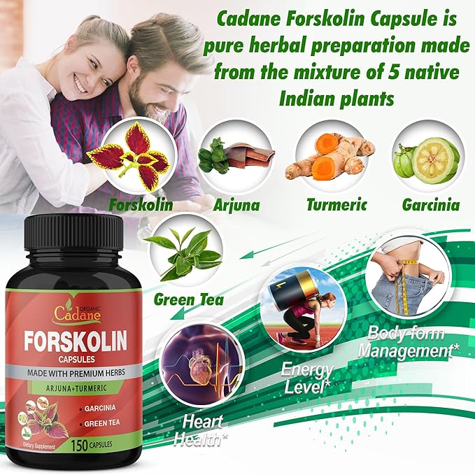 Organic Cadane Forskolin Supplements - 5in1 with Turmeric Curcumin, Arjuna, Garcinia Cambogia, and Green Tea - 5 Month Supply - 150 Capsules