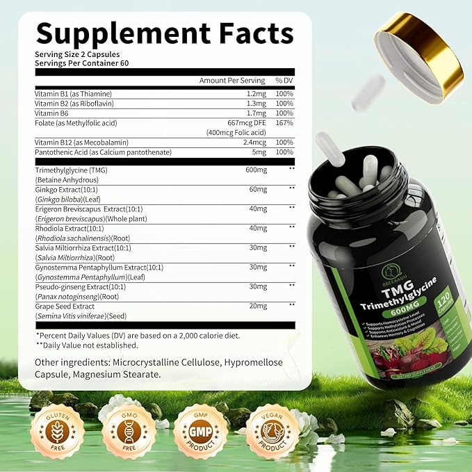 (2 Pack) TMG (Trimethylglycine) Supplement Liquid Drops & TMG (Trimethylglycine) Supplement Capsules