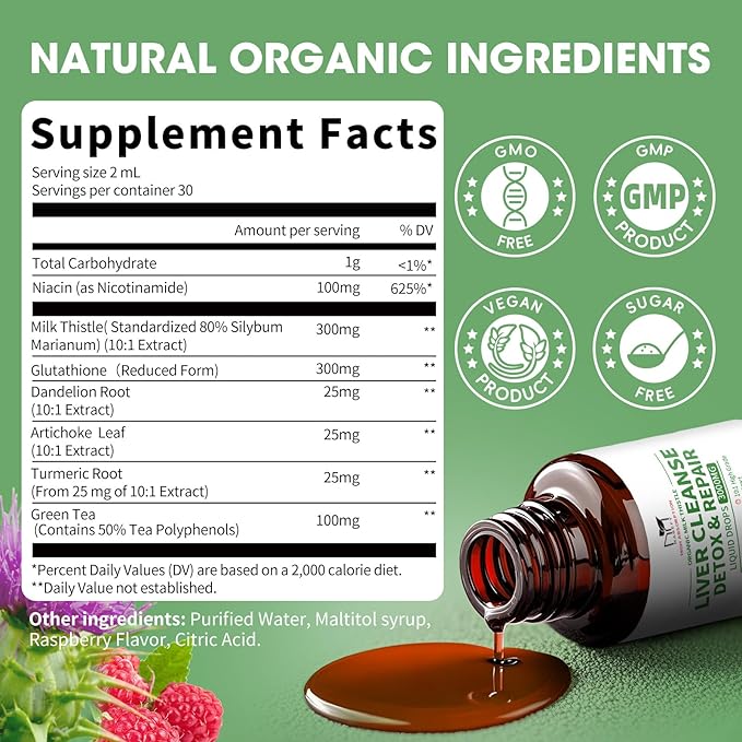 Milk Thistle Liquid Drops, Liver Cleanse Detox & Repair with 80% Silymarin, Artichoke Leaf, Dandelion Root, Glutathione, Promotes Liver Health, Antioxidant Support, 4 Fl Oz