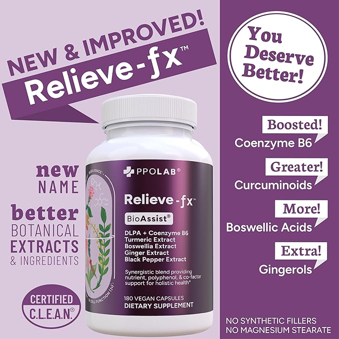 Relieve-fx™ Relief-fx Extra Strength Turmeric Curcumin Supplement with Black Pepper, Boswellia, Ginger, DLPA, Inflammation Health, Joint Support, Mood Relief, Detox Factor, Digestion180 Vegan Capsules