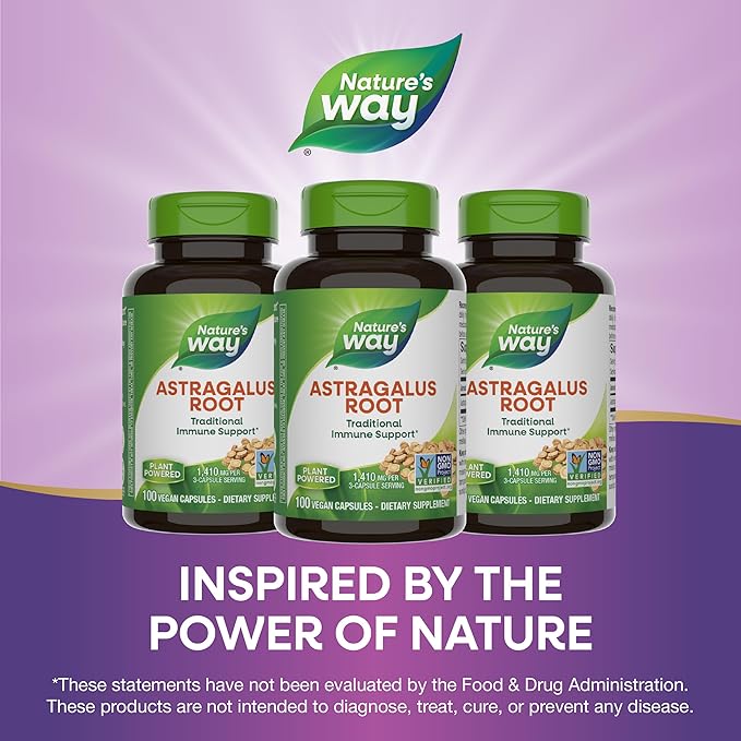 Nature's Way Astragalus Root, Traditional Immune Support*, 1,410 mg per 3-Capsule Serving, Non-GMO Project Verified, Vegan, 100 Capsules (Packaging May Vary)