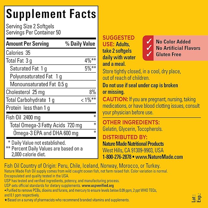 Nature Made Fish Oil Omega 3 Supplements, 1200mg Softgels, Omega 3 Fish Oil for Healthy Heart Support, 100 Softgels, 50 Day Supply