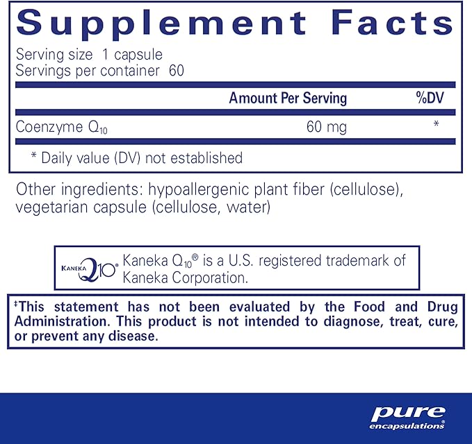 Pure Encapsulations CoQ10 60 mg | Coenzyme Q10 Supplement for Energy, Antioxidants, Brain and Cellular Health, Cognition, and Cardiovascular Support* | 60 Capsules
