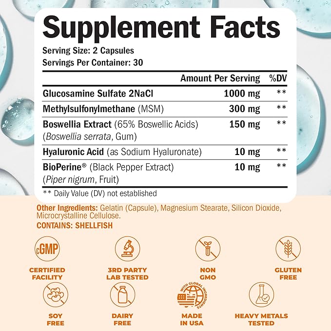 Glucosamine Sulfate with Hyaluronic Acid, Bioperine, MSM & Boswellia. 5-in-One Joint Support Supplement. Antioxidant & Inflammatory Support - Joint Health, Flexibility and Comfort. 60 Capsules