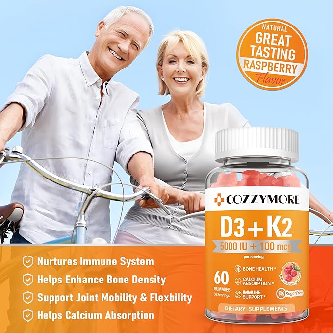 Sugar Free Vitamin D3 K2 Gummies, Vitamin D Gummies Supplement, 10000 IU + 200mcg D3 and K2 Supplements, Tasty Gummy Vitamins, Support For Bones Muscle Teeth Immune, 60 Servings 120 Gummies, Raspberry