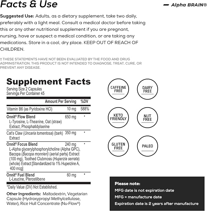 ONNIT Alpha Brain Premium Nootropic Brain Supplement for Men & Women - Caffeine-Free Focus Capsules for Concentration, Brain Booster & Memory Support 90 Count (Pack of 2)