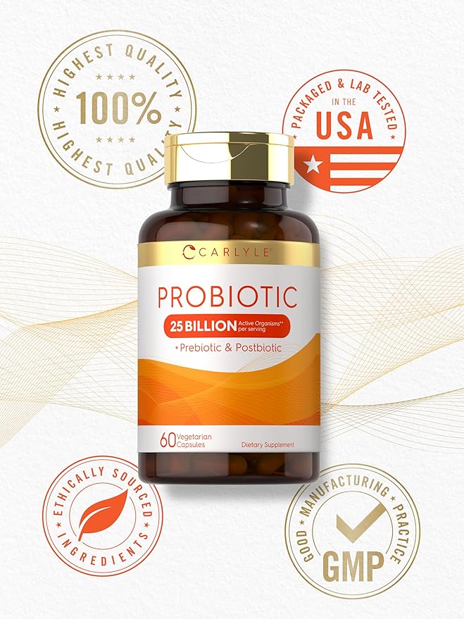 Carlyle Probiotic with Prebiotics & Postbiotics | 25 Billion CFU | 60 Capsules | Supplement for Women & Men | Powder Pills | Vegetarian, Non-GMO & Gluten Free