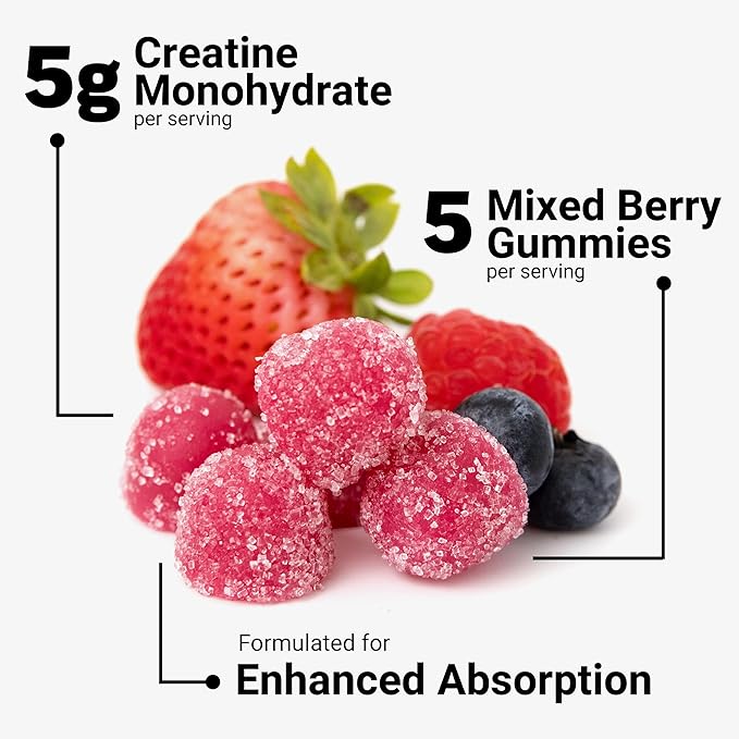Force Factor Creatine Gummies, 5 Grams Creatine Monohydrate for Muscle Gain, More Strength, and Faster Recovery, Mixed Berry, 150 Gummies, 30 Servings