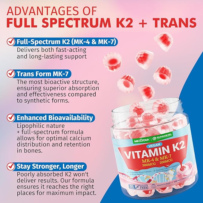 Vitamin K2 Gummies MK-7 200 mcg & MK-4 500 mcg for Women & Men Sugar Free, Perfect 2-IN-1 Full Spectrum Vitamin K2 Supplement for Bone, Promotes Calcium Absorption, Brain, Teeth, Immune, Pack of 2