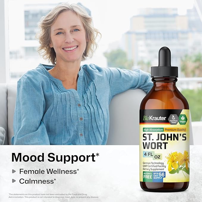 BIO KRAUTER St Johns Wort Tincture - Hypericum Perforatum Liquid Extract for Mood Support - High Absorption - St Johns Wort Alcohol Free Vegan Drops 4 Fl.Oz.