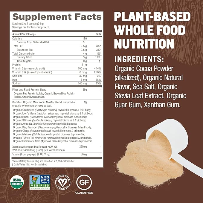 OM MUSHROOM SUPERFOOD Master Blend Creamy Chocolate Protein Powder, 16 Servings, Plant-Based with 10 Mushroom Complex for Recovery & Energy