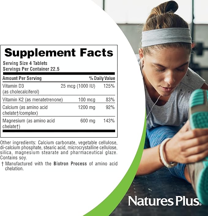 NaturesPlus Calcium/Magnesium/Vitamin D3 with Vitamin K2 - Supports Bone & Immune Health - Vegetarian, Gluten Free - 90 Tablets - 22.5 Servings