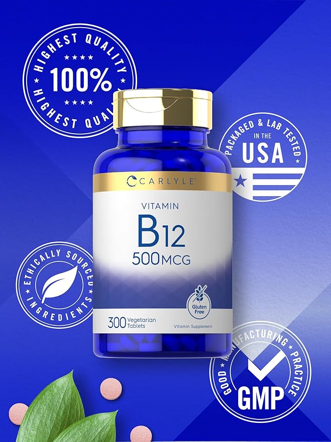 Carlyle Vitamin B-12 500mcg | 300 Tablets | Vegetarian, Non-GMO, Gluten Free Supplement