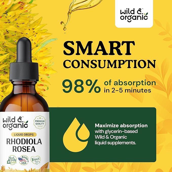Wild & Organic Rhodiola Rosea Tincture - Mood Support - Relaxing Rhodiola Supplement - Root Extract Liquid Drops - Vegan, Sugar & Alcohol-Free - 2 fl oz