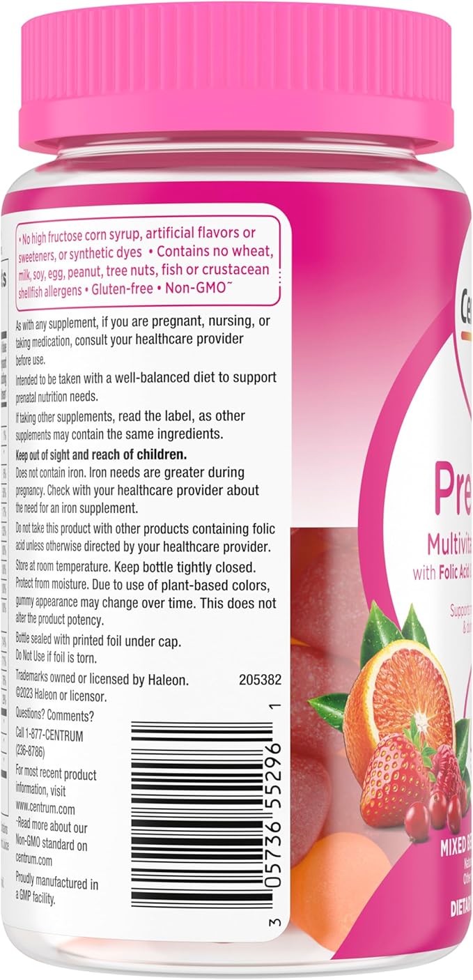 Centrum Prenatal Multivitamin Gummies with DHA and Folic Acid, Mixed Berry and Orange Flavors - 60 Count, 30 Day Supply
