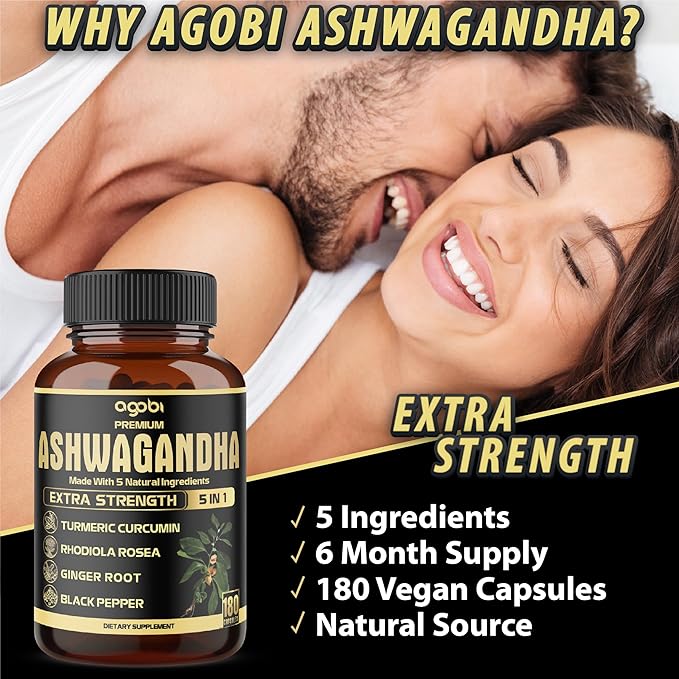 5in1 Premium Ashwagandha Capsules - Added Turmeric, Rhodiola Rosea, Ginger, Black Pepper - Strength, Spirit & Immune Support - 180 Caps for 6 Months