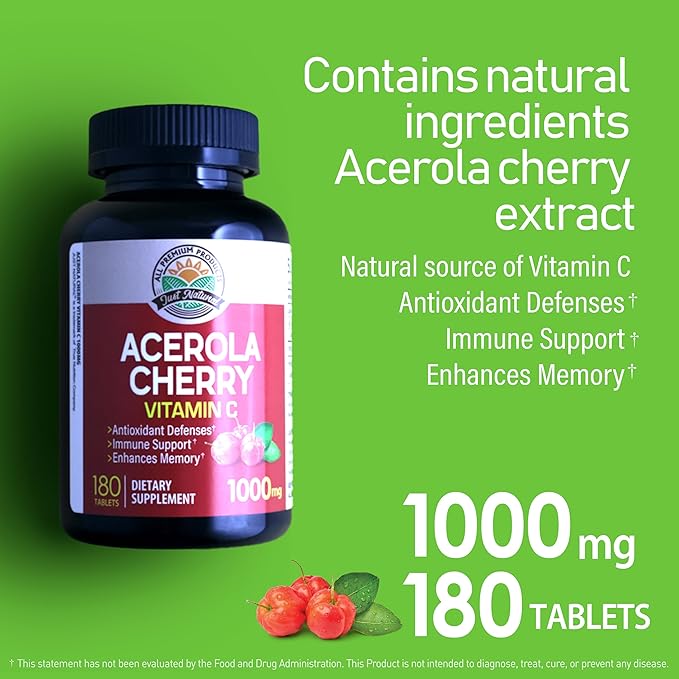 Acerola Cherry Vitamin C 1000mg, Immune Support - 180 Tablets X 1 Bottle (180 Count)