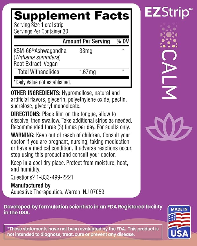 Calm – KSM-66 Ashwagandha Oral Strips. Stress Relief 30 Pk
