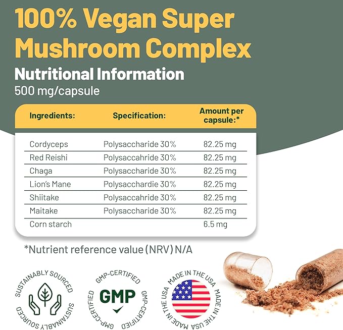 Vegan Vitality Multi Mushroom Supplement Complex - 120 Capsules with Reishi, Chaga, Shitake, Maitake, Lion's Mane and Cordyceps for Brain, Energy, Focus & Memory Support