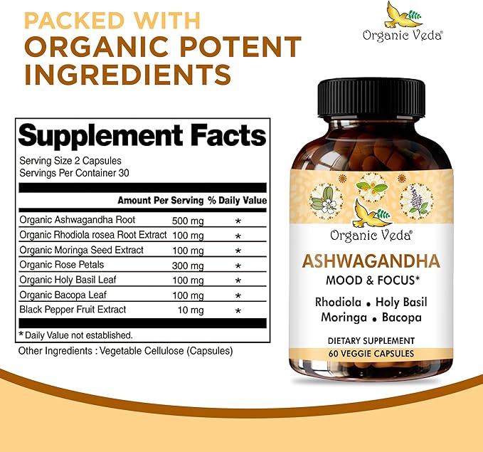 Organic Veda Ashwagandha Mood Support Supplement 1200mg, with Organic Ashwagandha Root, Bacopa, Rhodiola Rosea, Holy Basil, Moringa, Focus & Energy Support - 60 Vegan Capsules