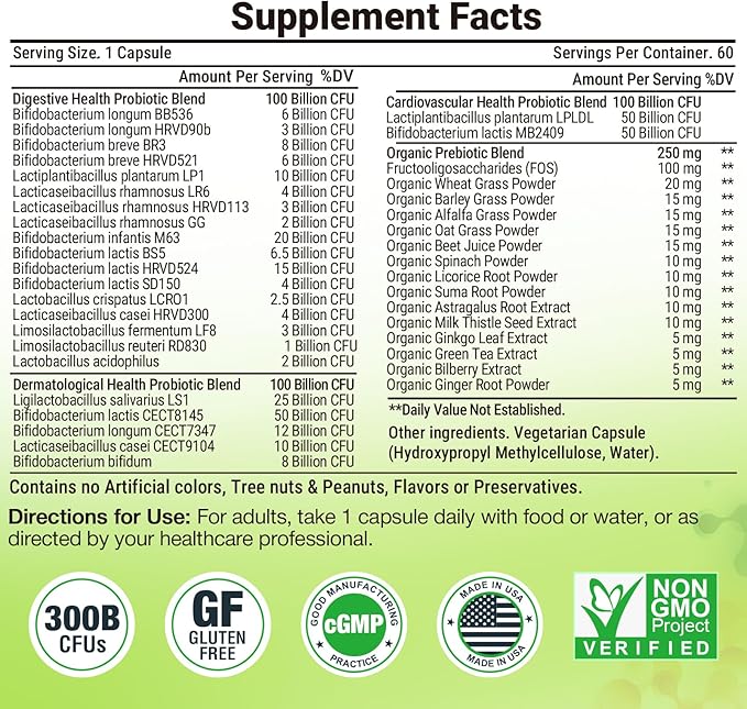 Probiotics for Women Men- 300 Billion CFU, 24 Strains Probiotic+15 Organic Herbs Prebiotics Blend, Pre and Probiotics, for Digestive Health, Immune & Gut, Diarrhea, Bloating, Vegan, 2 Month Supply