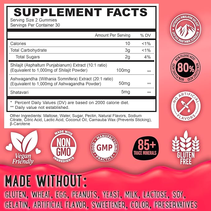 Pure Himalayan Shilajit Gummies - 100% Authentic Shilajit Reisin Extract for Men and Women with Ashwagandha and Shatavari - 60 Gummy - Strawberry & Banana and Peach & Mango Bundle