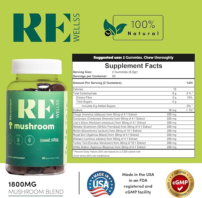 Magic Mushroom Gummies for Adults I Veg Low Carb Lion's Mane Supplement I Mushroom Supplement | Chaga Cordyceps Shiitake | Cognitive & Immune Support Boost Energy Focus Mood | 30 Days Supply