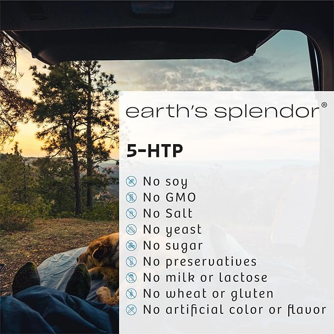 Earth's Splendor 5-HTP Dietary Supplement for Men & Women, Supports a Balanced Mood & Aids in Stress Support, Provides Sense of Calm No Artificial Preservatives Color or Flavor Non-GMO 100 MG