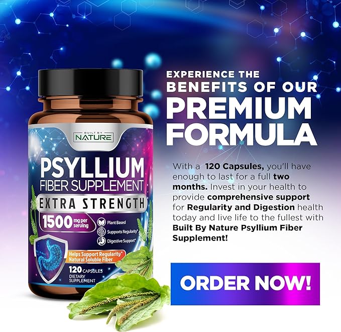 Psyllium Husk Capsules 1500mg - Fiber Supplement - Natural Soluble Fiber Pills with Psyllium Husk Powder - Supports Digestive Gut and Colon Health - Non-GMO, Gluten-Free, Vegan - 120 Capsules