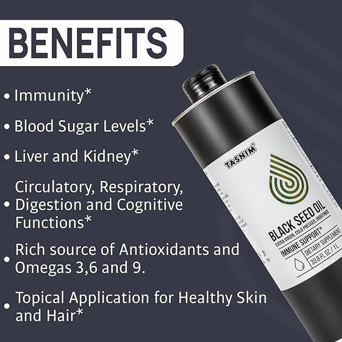 Tasnim Black Seed Oil (35.27 fl oz) | Cold Pressed for Immune Support (21% Thymoquinone) | Skin & Hair