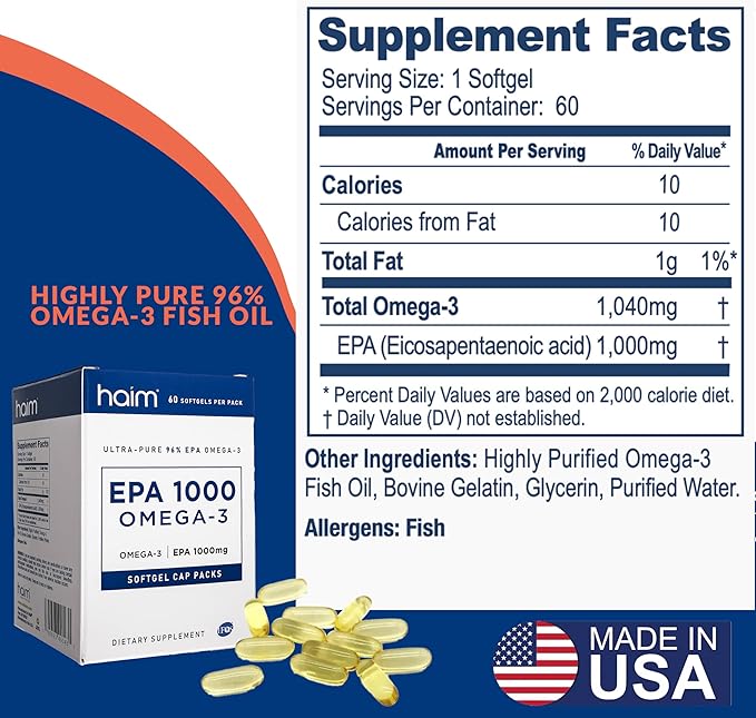 Haim EPA1000 – High-Potency EPA Fish Oil Supplement – 1,100mg Omega-3 for Heart, Brain & Joint Health – Pharmaceutical-Grade Softgels – Pure, Burpless Capsules – 60 Softgels – Made in USA
