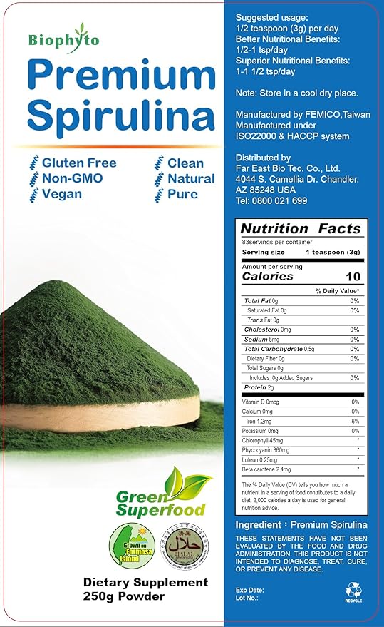 Spirulina Powder 250g - 83 Days Supply, Enriched Vitamins, B12 - Green Superfood, Vegan, Non-GMO, Gluten-Free, Non-Irradiated - Boosts Energy, Supports Immunity.