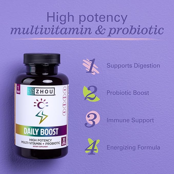 Zhou Daily Boost - Probiotic Multivitamin for Women & Men, Immune Support, Antioxidant & Eye Health Supplement with Vitamin A, Vitamin C, Biotin & Folate for Adults - 30 Veggie Capsules