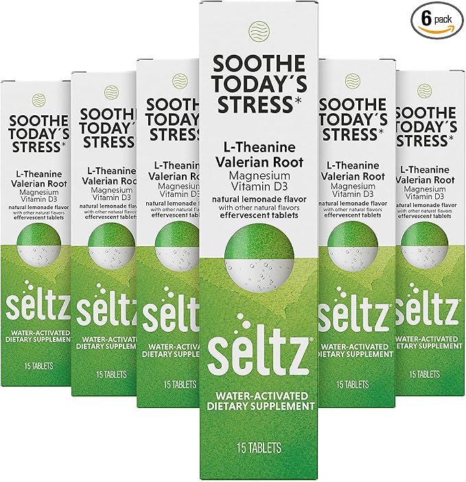 Seltz® Water-Activated Vitamins - Soothe Today´s Stress with L-Theanine, Magnesium, and Vitamin D3 – Natural Lemonade Flavor Dietary Supplement - 6 Packs x 15 Effervescent Tablets Each