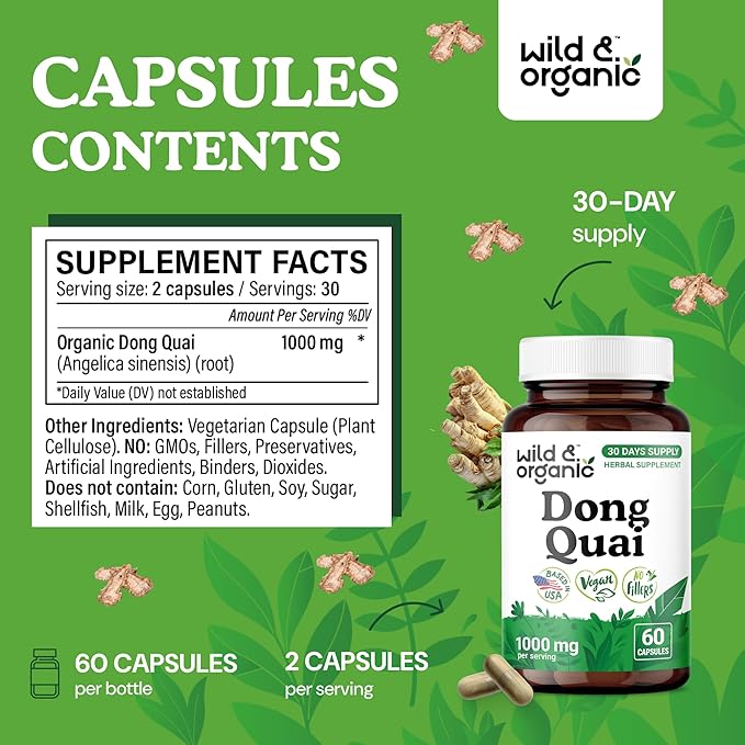 Wild & Organic Dong Quai Capsules for Women - 1000 mg per Serving - Dong Quai Root Supplement - 30-Day Supply - Traditional Angelica Sinensis - Non-GMO, Vegan - 60 Count